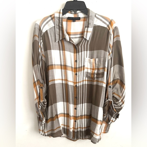 Jane Delaney Shirt Women’s 1X Plaid Button Up Brown Mustard Fall workwear - Picture 1 of 5